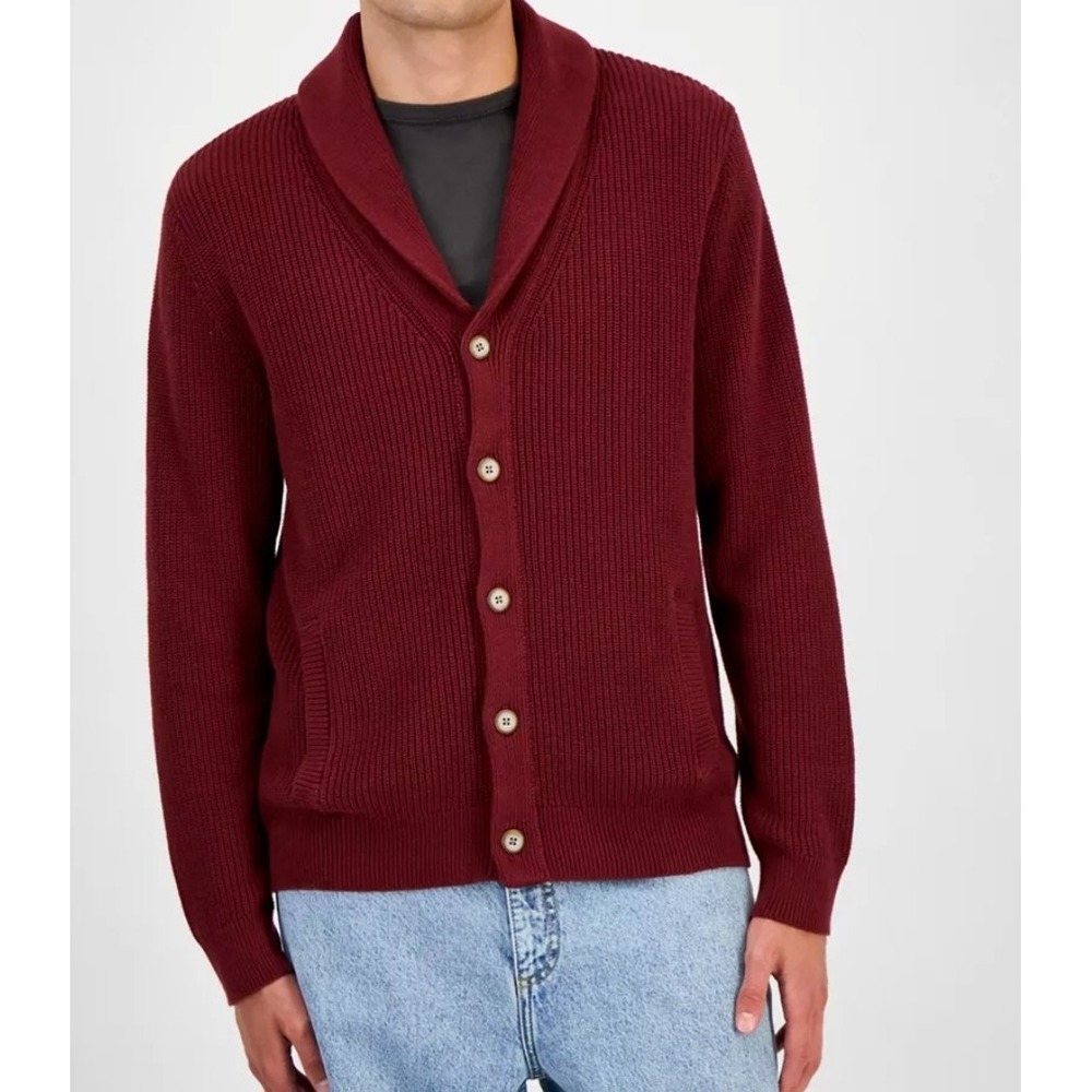 Macys Sun + Stone Cardigan Sweater Maroon Knit Grandpacore Fisherman XL Cotton
